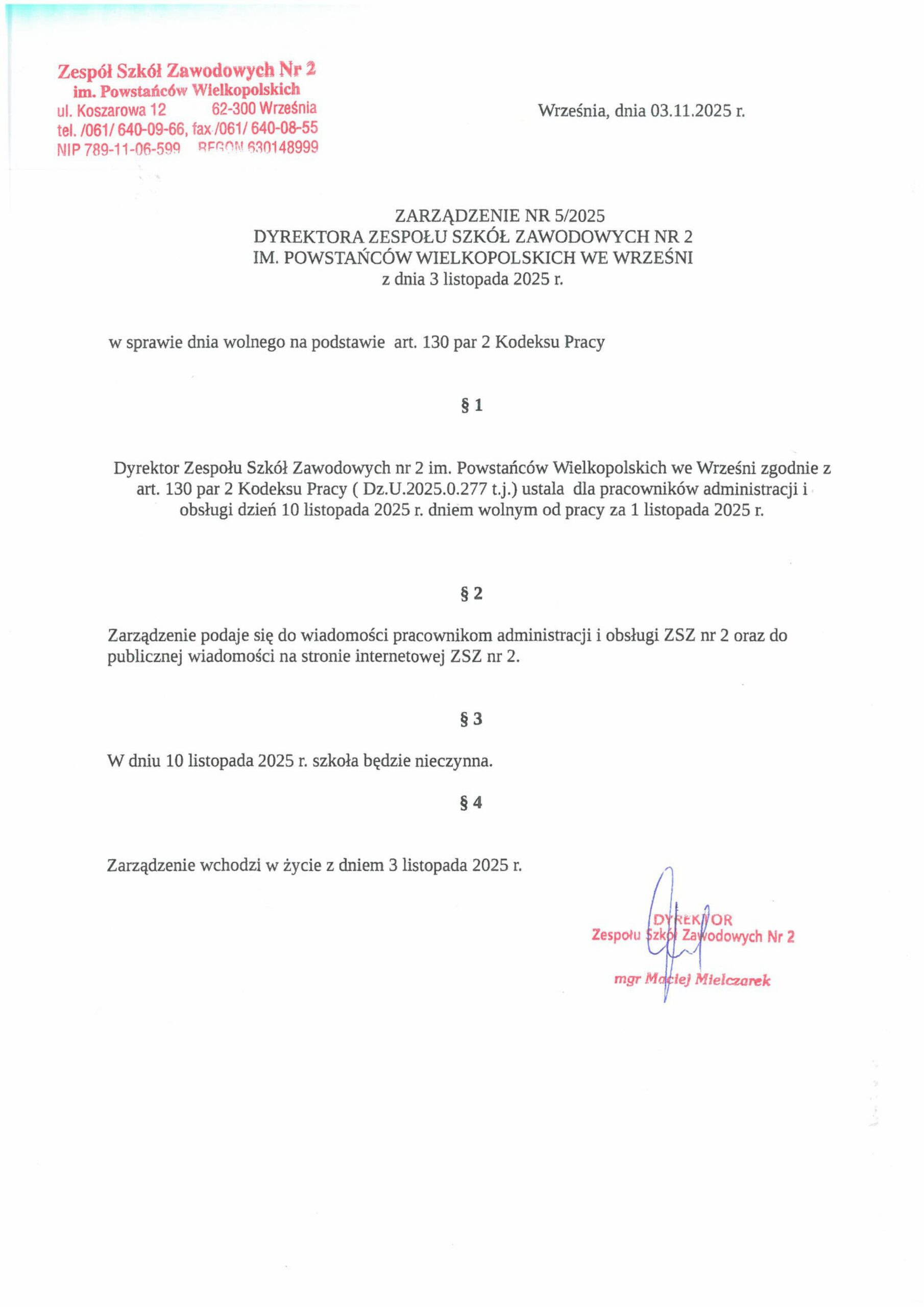 Zarządzenie Dyrektora